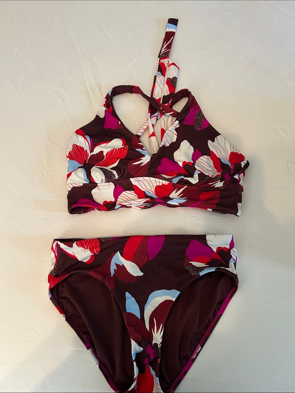 Athleta Floral Two-Piece Swim Set in Berry Multi M bottom L top